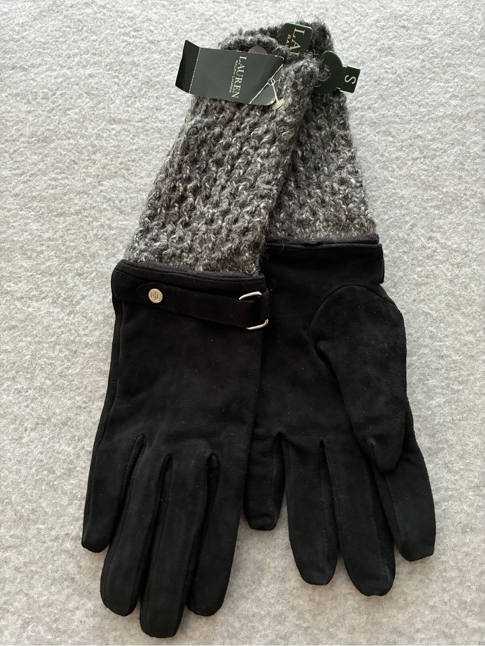 Lauren Ralph Lauren Suede Wool Knit Cuff Gloves Black Grey S NWT